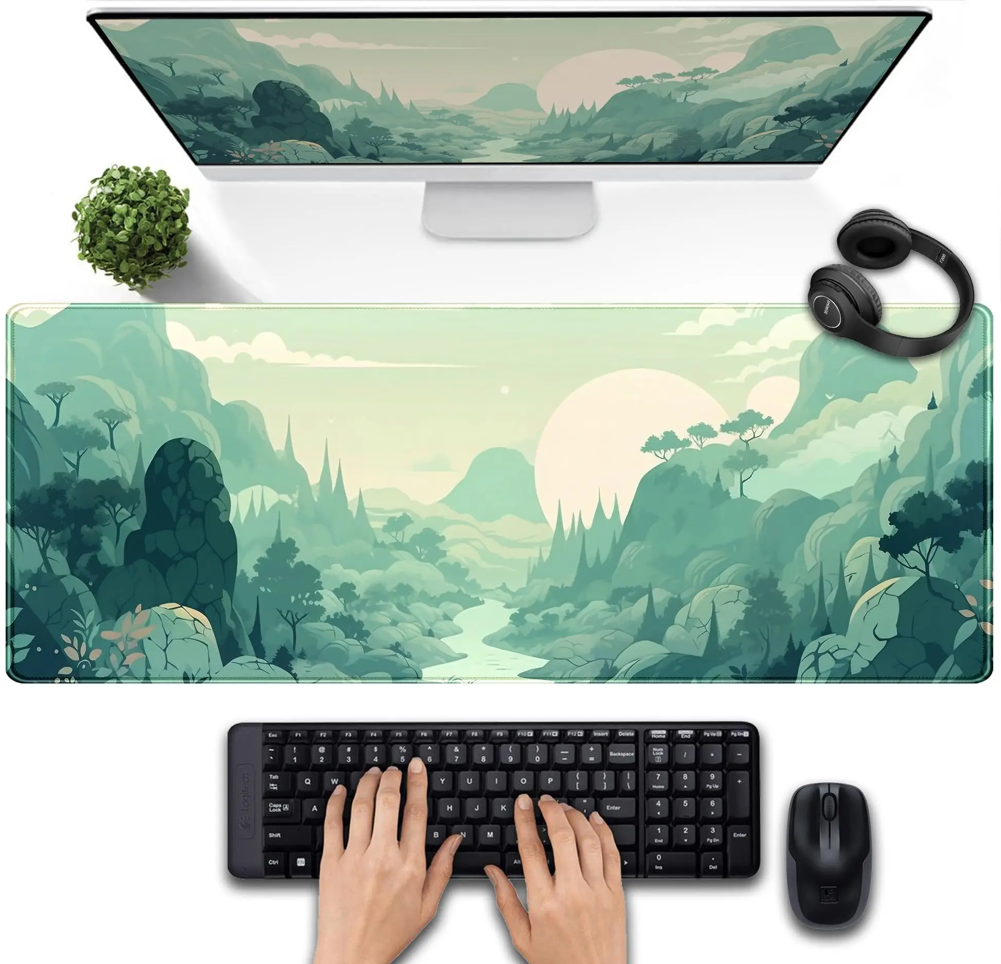 

Cute Pastel Mint Green Forest Sage Desk Mat, Aesthetic Laptop Computer Keyboard Mouse Mat, Women Office Desk Decor Cover Mat