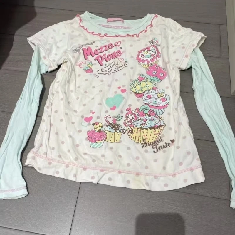 Sweet Kawaii Cartoon Tshirts Polka Dot Print Women T-shirt Loose Casual Contrast Color Cute Graphic Tee Tops Japan Y2k Aesthetic