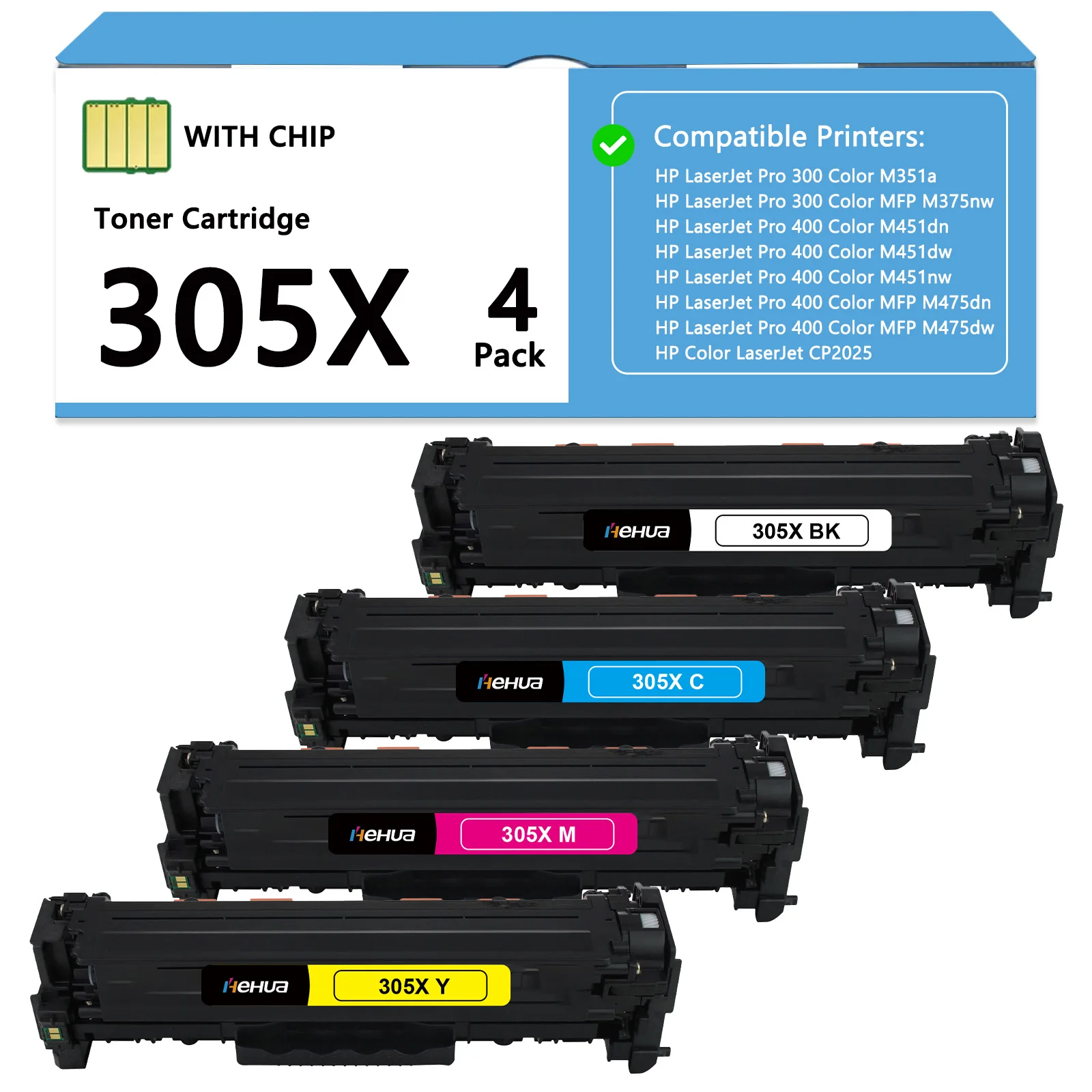 4er-Pack 305X Tonerkartuschen, kompatibel mit HP Laserjet Pro 400 Color MFP M451nw M475dn M451dn M351 M375 M451 M475