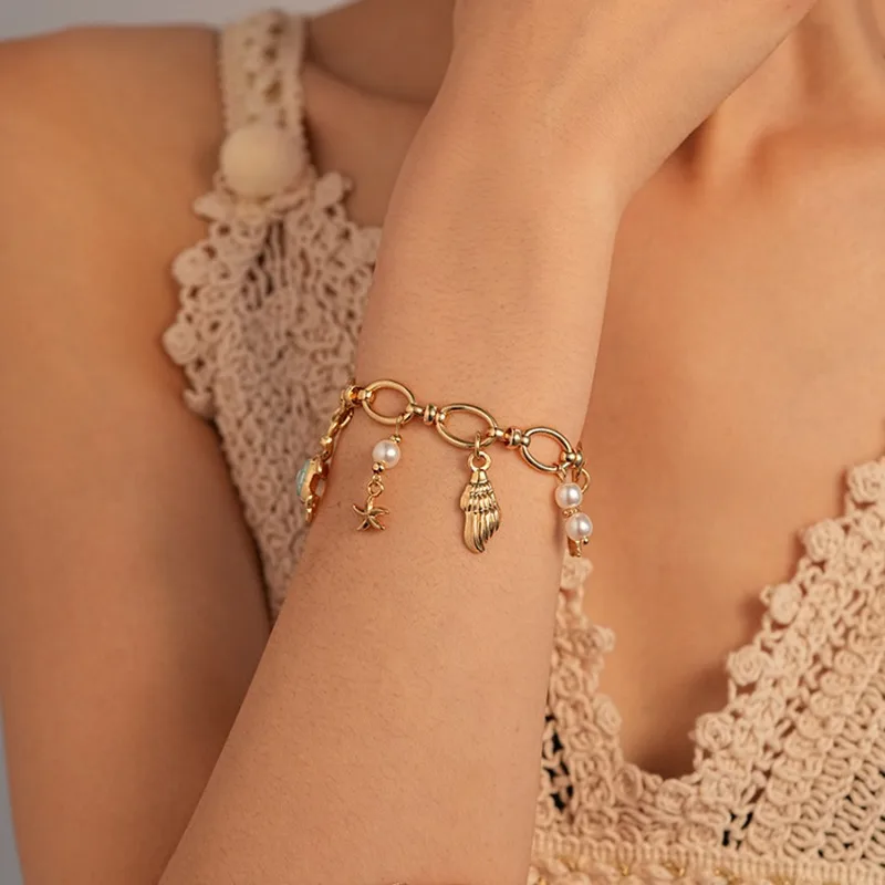 المحيط نجم البحر قذيفة محارة أساور ساحرة للنساء الذهب اللون سلسلة معدنية المينا أساور أساور البوهيمي معصمه مجوهرات