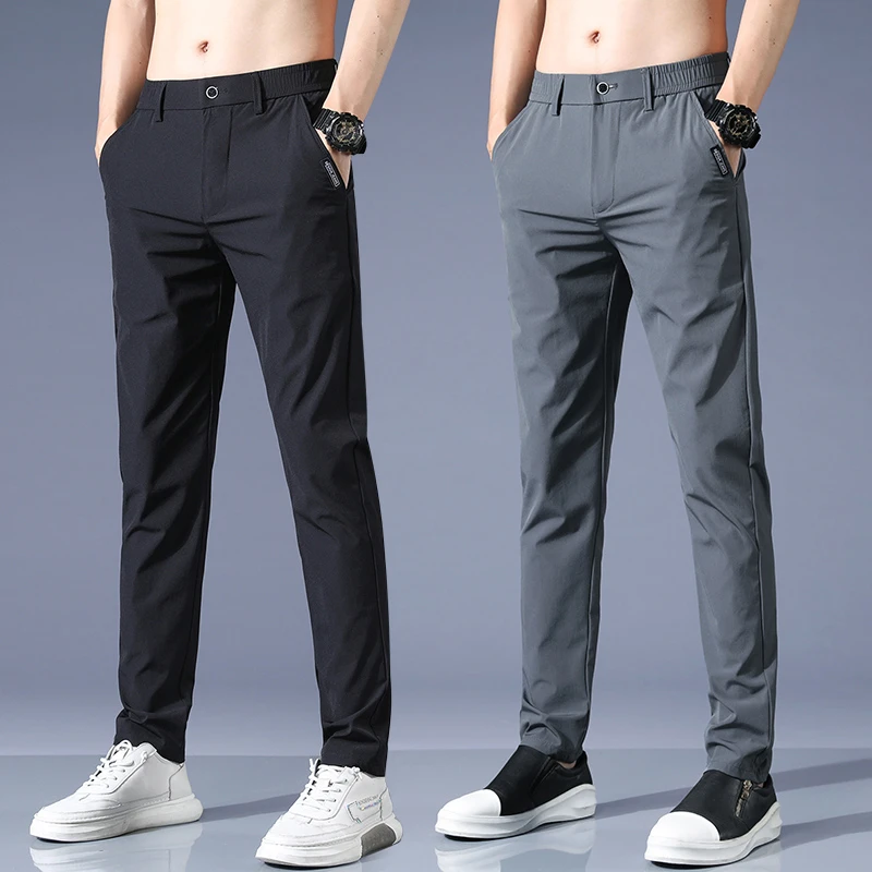 Summer Ice Silk Stretch Casual Pants Men Thin Soft Fashion Business Elastic Korean Slim Male Clothes Trousers Gray Black Green