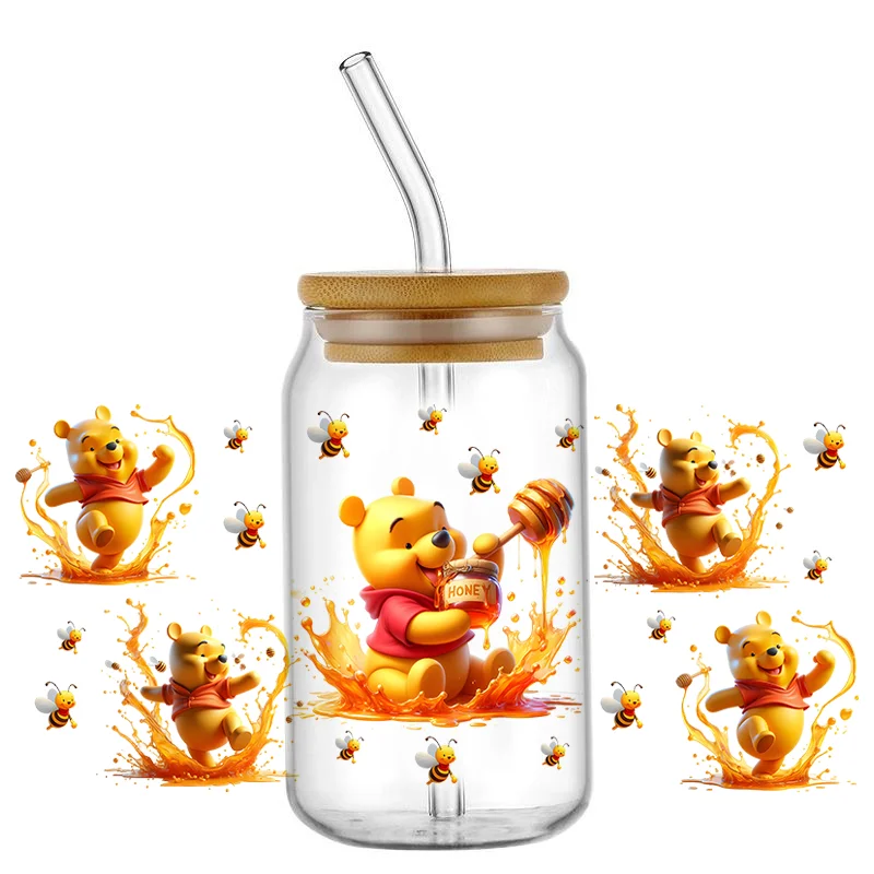 cute Honey Bear Characters UV DTF Wrap 16oz Waterproof Permanent Adhesive transfer sticker cup wrap home decoration