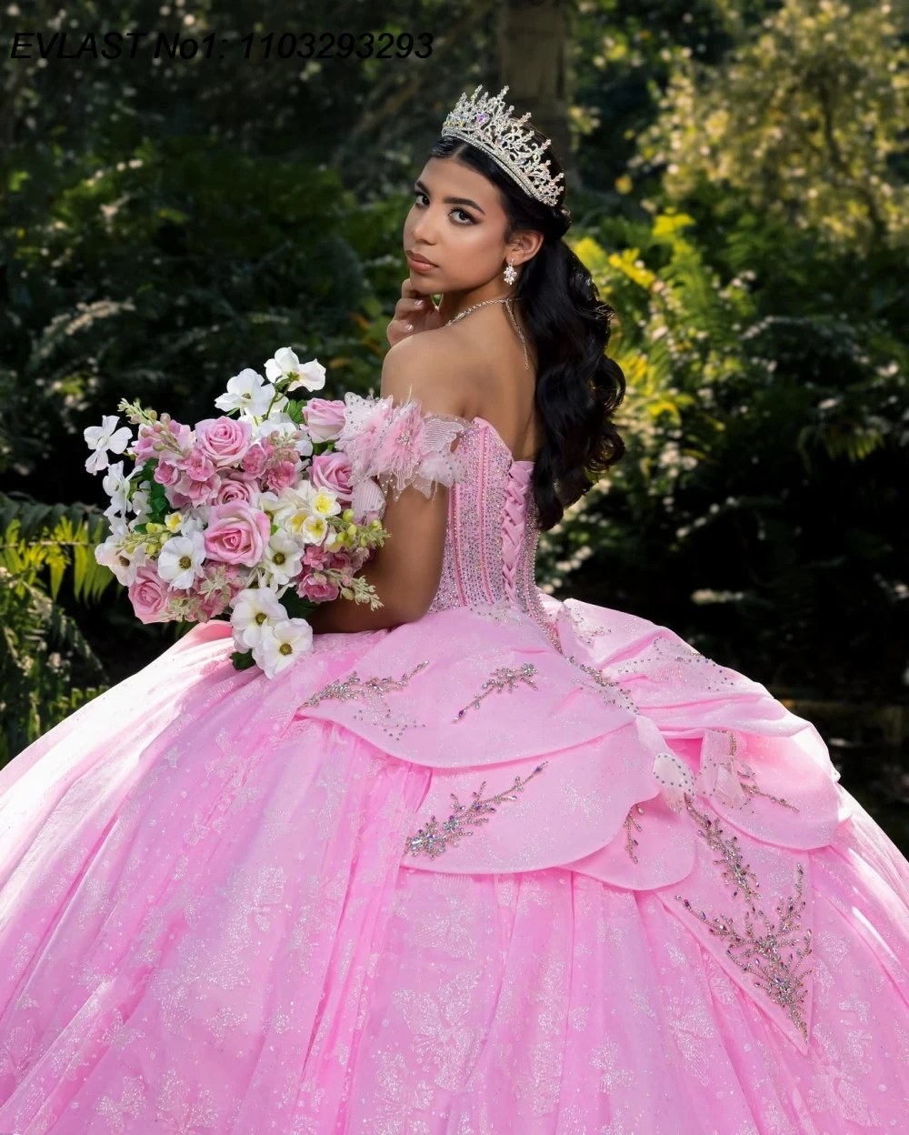 EVLAST Customized Mexican Pink Quinceanera Dress Ball Gown Crystals Lace Applique Corset Sweet 16 Gown Vestidos De 15 Anos AQ845