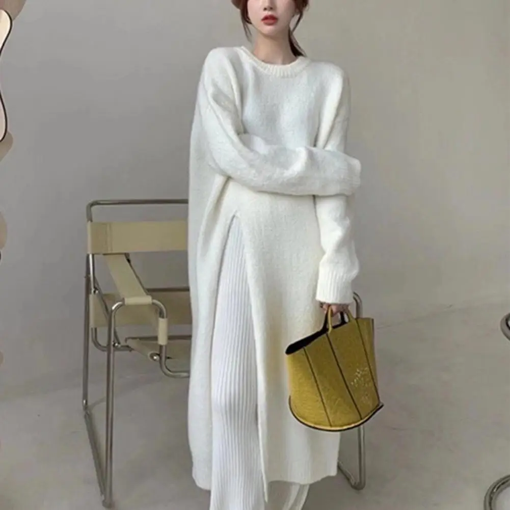 Knitting Sweater 3D Cutting Sweater Dress Long Sleeve Women Mid-calf Length Side Split Hem Pullover Sweater Anti-freeze