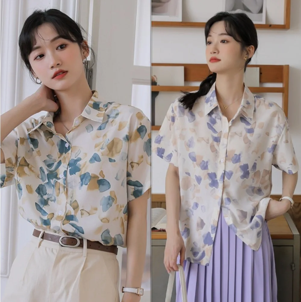 

Chiffon Floral Shirt Women Short Sleeve Thin Loose Casual Chic Top