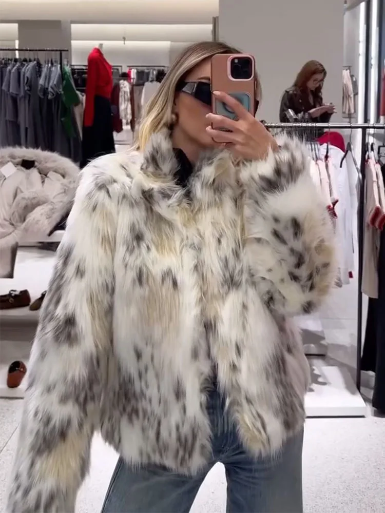 HH Female Street Style Faux Fur Effect Jacket High Collar Long Sleeves Print Outwear Women Casual Jacket Winter Warm Coat