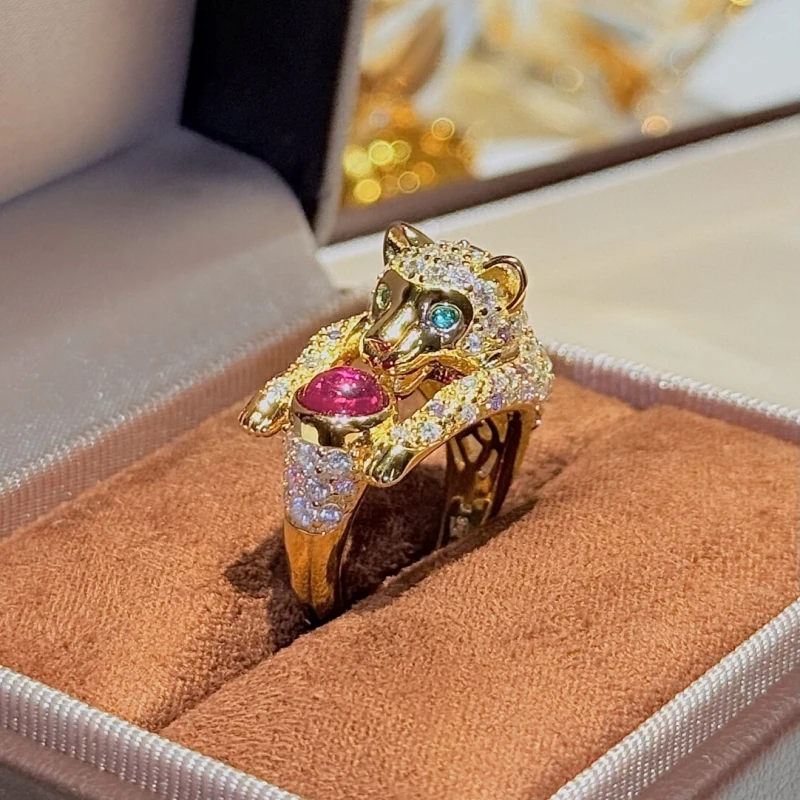 

BELLUX брендовые ювелирные изделия, серия животных, золотое кольцо с леопардовым цветным драгоценным камнем, 100% серебро 925, синтетический циркон, тонкое кольцо с бриллиантами