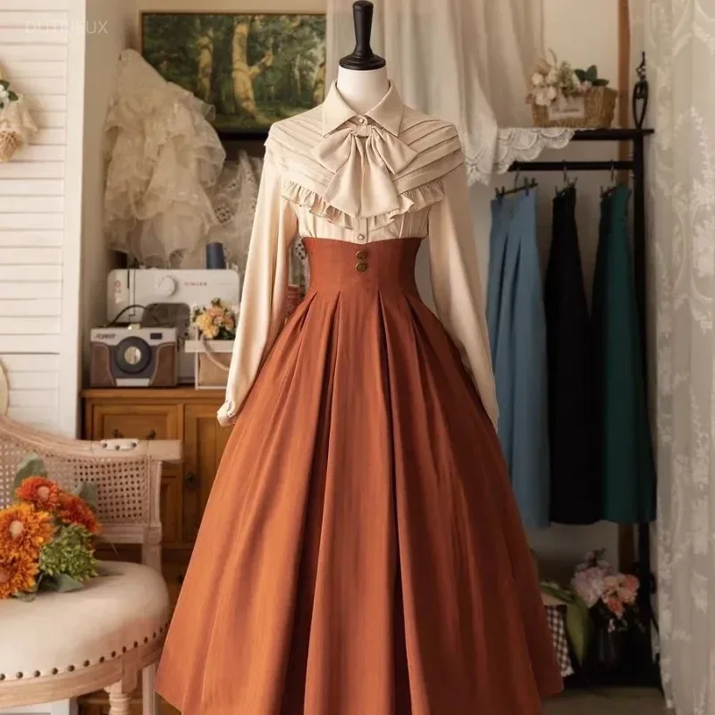 Vintage Victorian Lolita Midi Skirt Women Elegant Sweet Y2k Button Slim A-Line Long Skirts Japanese Female Classical Party Skirt