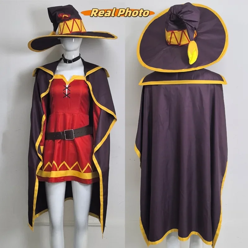 Anime KonoSuba Megumin Cosplay Costume Classical Witch Costume Uniform Cloak Hat Blindfold Stocking for Halloween Party Women