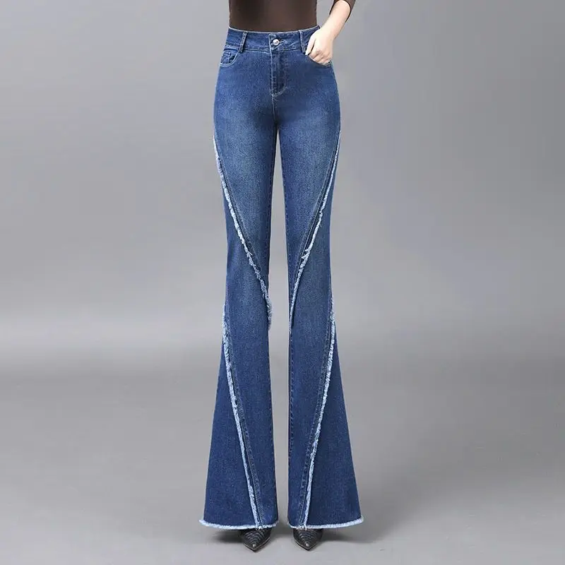 Streetwear Fashion Women Rough Edge Flare Jeans Spring Autumn New High Waist Versatile Office Lady Casual Washed Denim Trousers