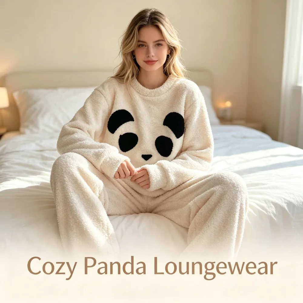 2026 New Arrival Women Cute Coral Fleece Sleepwear Set Thick Warm Fleece Lined Sleep Wear