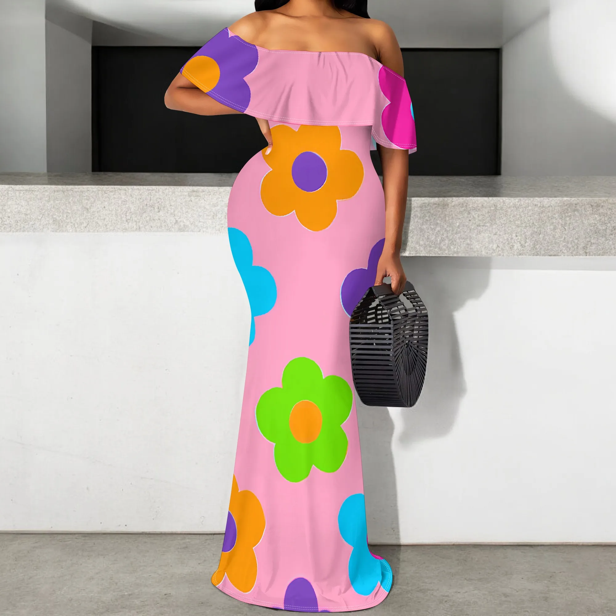 

Y2K Cartoon Flower Maxi Dress S-3XL Off Shoulder Retro Pink Party Look
