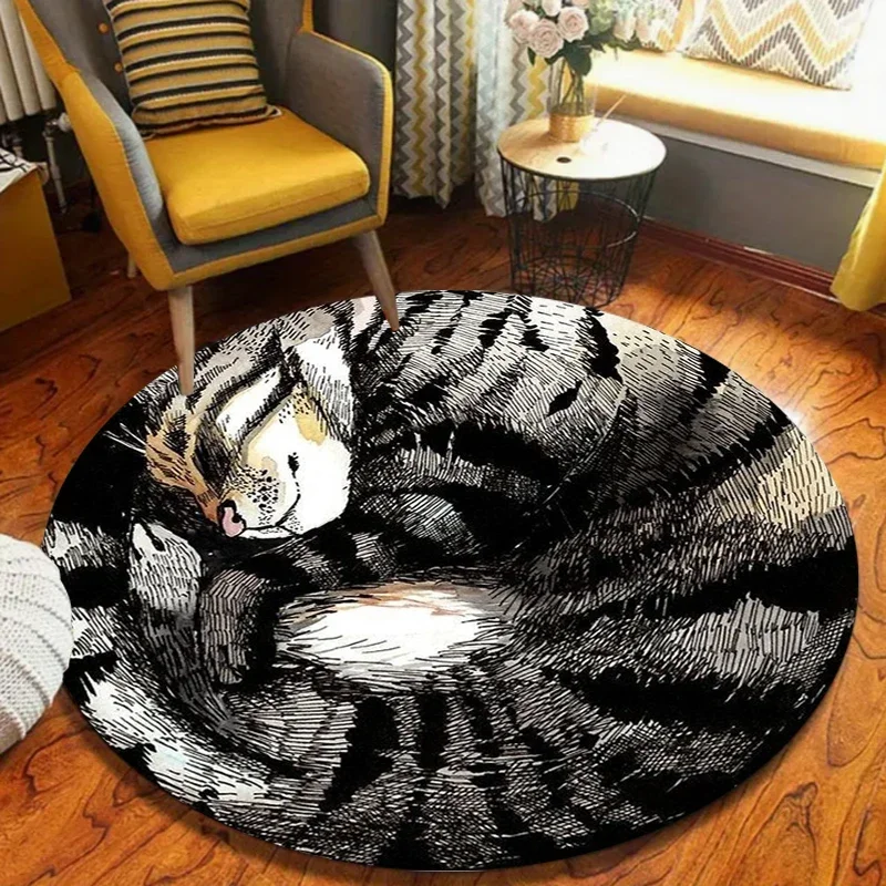 Yin Yang Cat Round Rug Sleeping Kitten Pattern Cute Home Decor Carpet Soft Non-Slip Floor Mat for Living Room Bedroom