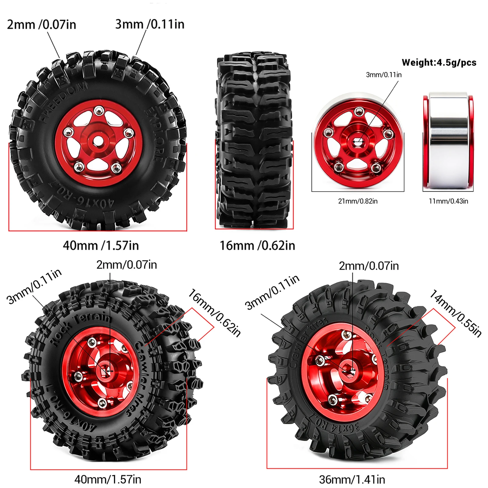 4pcs 0.7 inch 36/40mm Rubber Tire & Beadlock Wheel Rim Hub Set for 1/30 Axial SCX30 Jeep Wrangler JLU Ford Bronco RC Crawler Car
