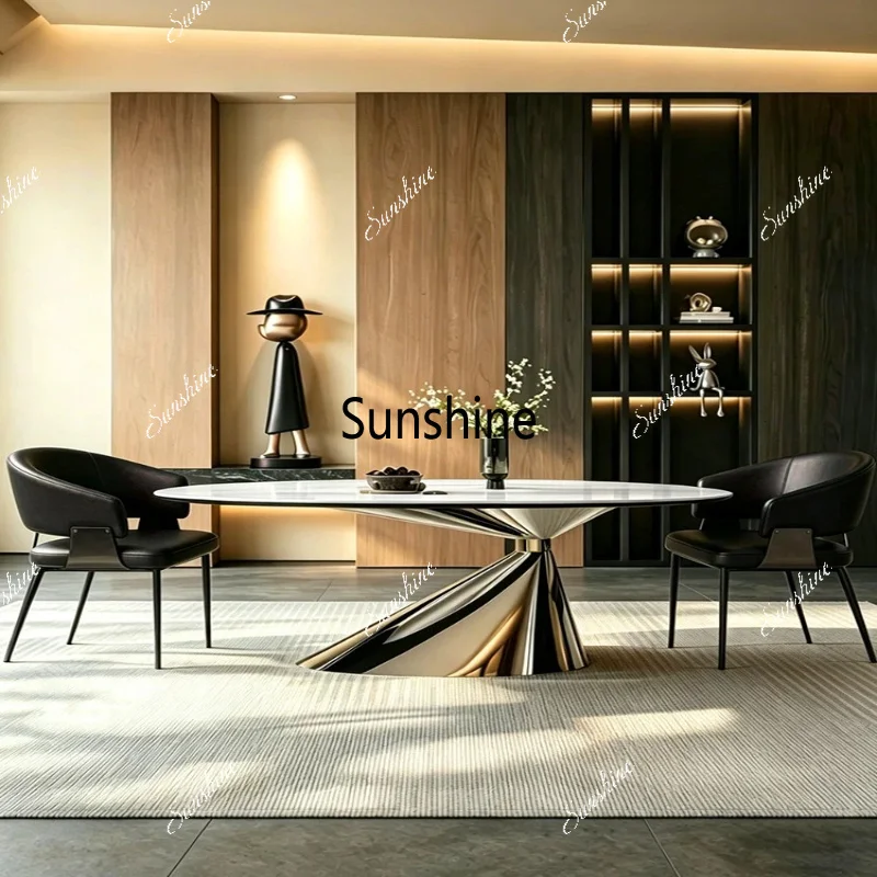 Advanced rock slab dining table and chairs light luxury modern simple oval home