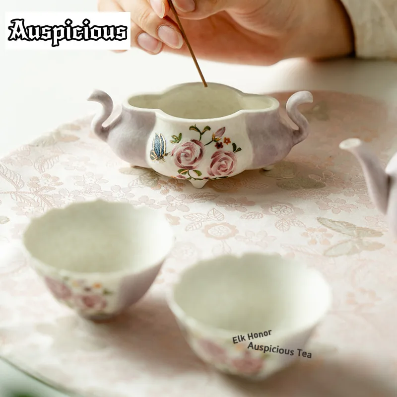 Pure Hand-painted Butterfly Rose Tripodia Incense Holder Mist Smoking Steamers Incense Burners Aromatherapy Censer Yoga Ornament