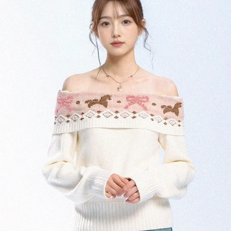

2026 Autumn Winter Sweet Ladylike Long-sleeved Printing Knitted Top Korean Style New One-shoulder Fashionable Sweater for Women
