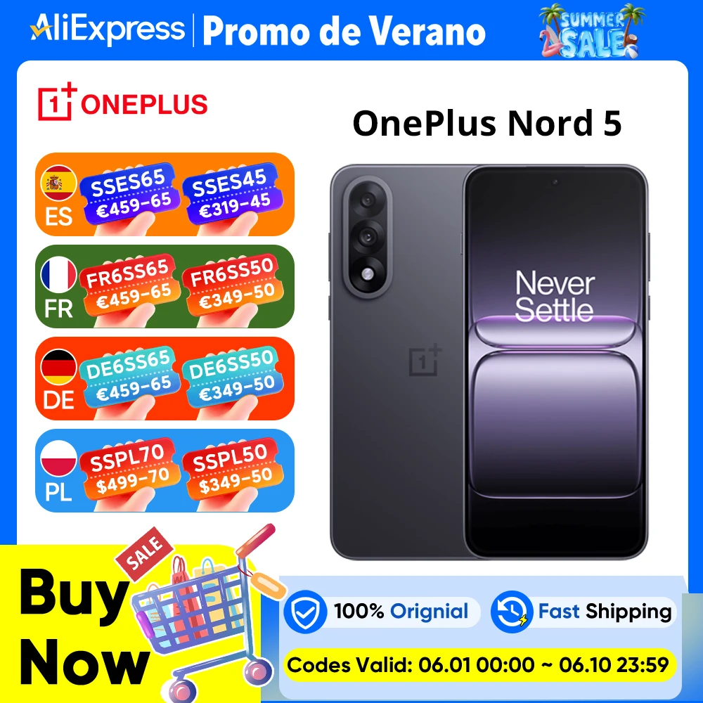 Version internationale du smartphone OnePlus Nord 5 5G 8 Go + 256 Go / 12 Go + 512 Go, Snapdragon 8s Gen 3, Android 15, batterie de 6 800 mAh, 80 W, Wi-Fi 6