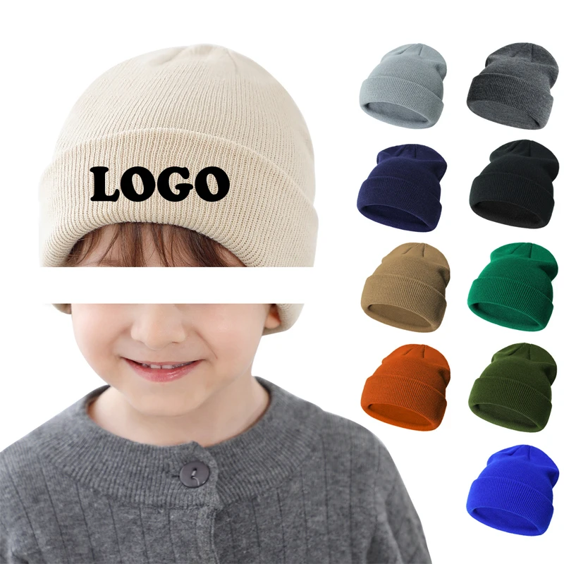 Solid Color Cap Kids Knitted Beanie Winter Hat Embroidery Children Cap with Custom Logo Warm Knitted Cold Cap