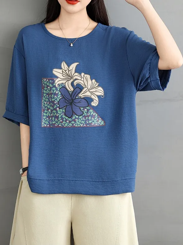 

Summer 2025 plus Size Printed ort Sve T-irt Casual Loose Versatile Slimming Artistic Sle Age-Defng Top for Women