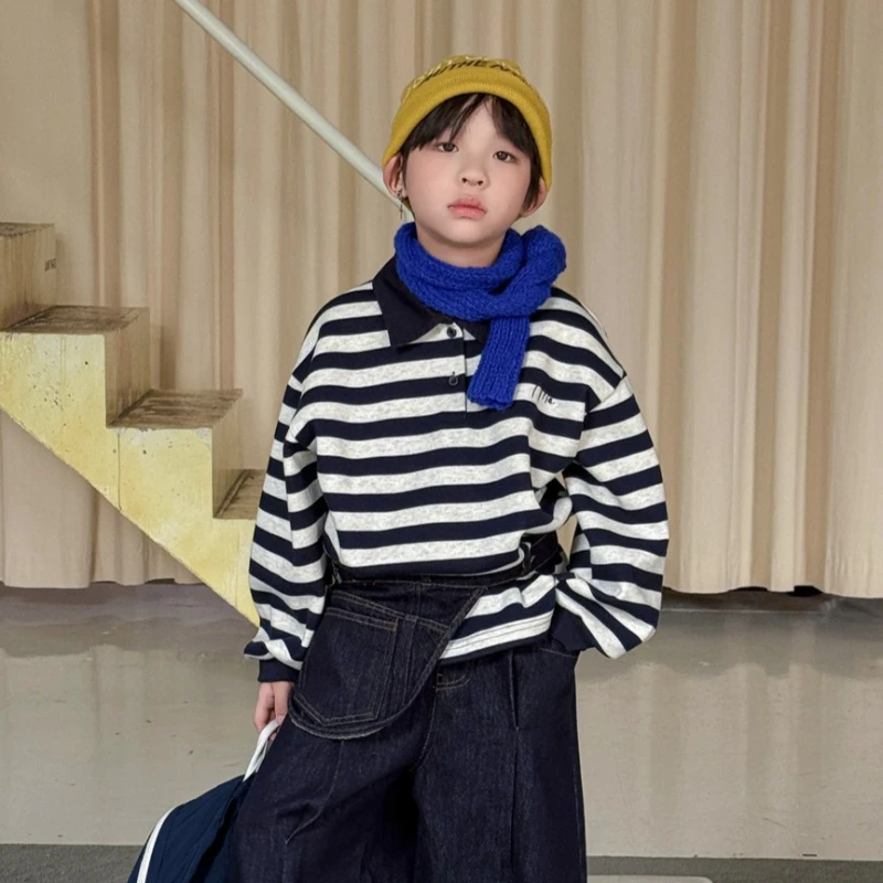 

2025 Autumn New Children's Lapel Retro Style Striped Design Casual Warm Hoodie