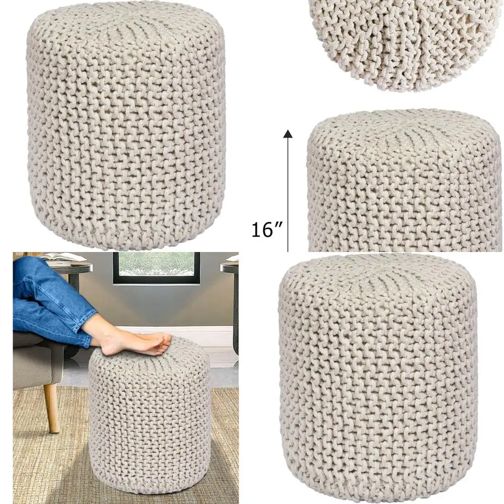 

Hand-Knitted Cotton Cable Pouf - Round Footrest Ottoman - Living Room Bedroom Decor - 15 Diameter x 16 Height - Ivory