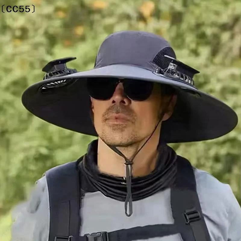 Large Size Quick Dry Bucket Hat With Solar Powered Fan USB Charging Sun Hat Outdoor Hiking Camping Fishing Cooling Wear〔CC55〕