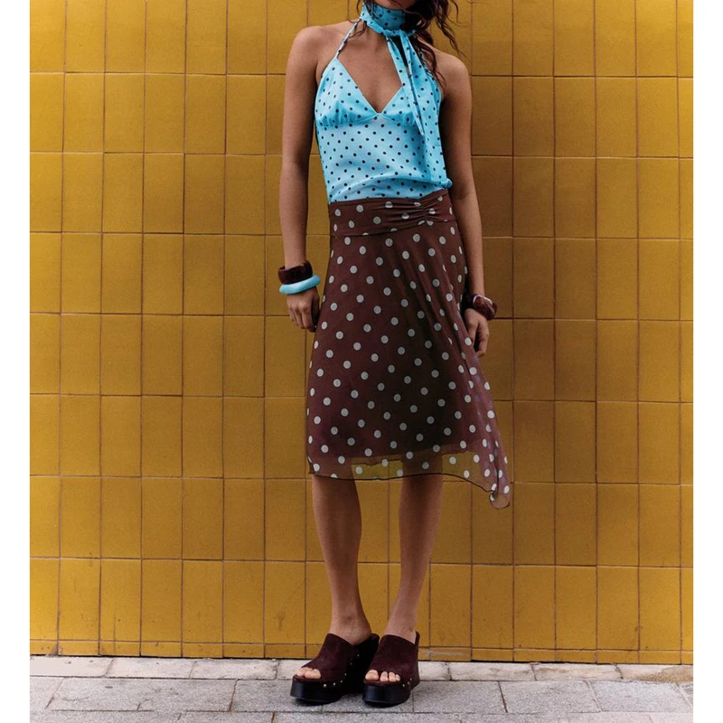 Women's Summer Elegant Midi Skirt A Line Stylish Y2k Vintage Dots Print Asymmetrical Ruffle Hem Side Ruched Mid Waist Skirts