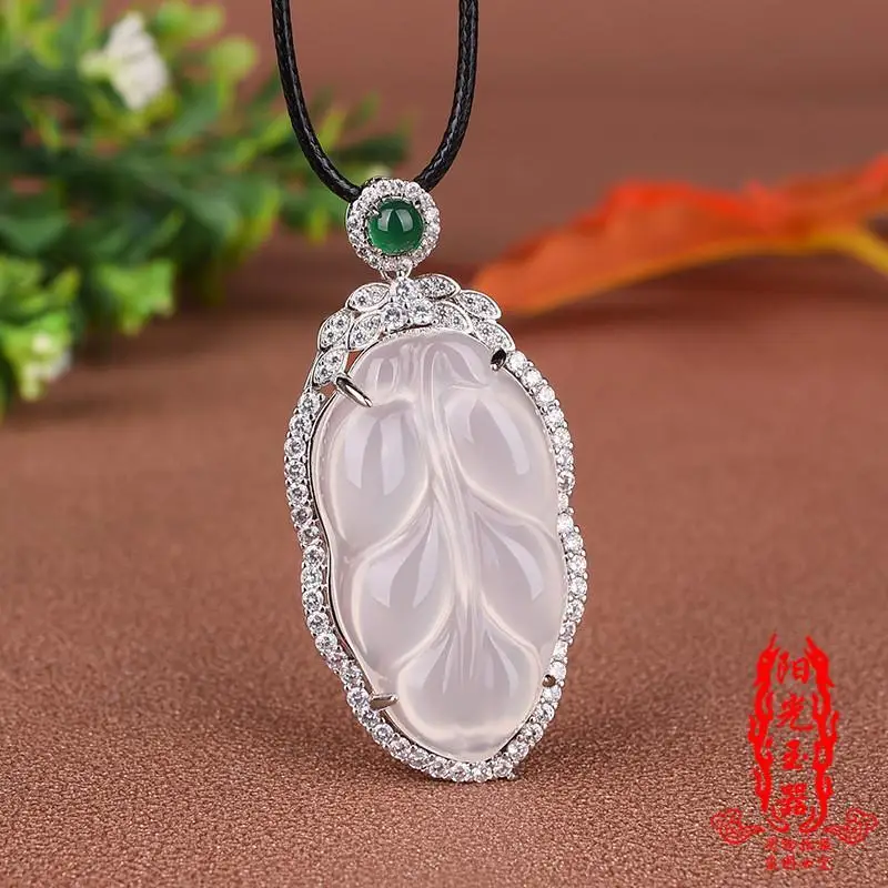 

Natural High Ice ChalcedonyS925Silver Inlaid Pendant Leaf Women's Gold Branch Jade Leaf Necklace