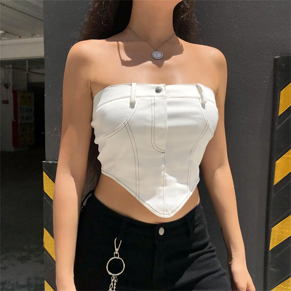 2023 Summer Sexy Camisole New Design Crop Tube Tops Women Jeans Button Zipper Bandeau Backless Denim Bustier Vintage Streetwear