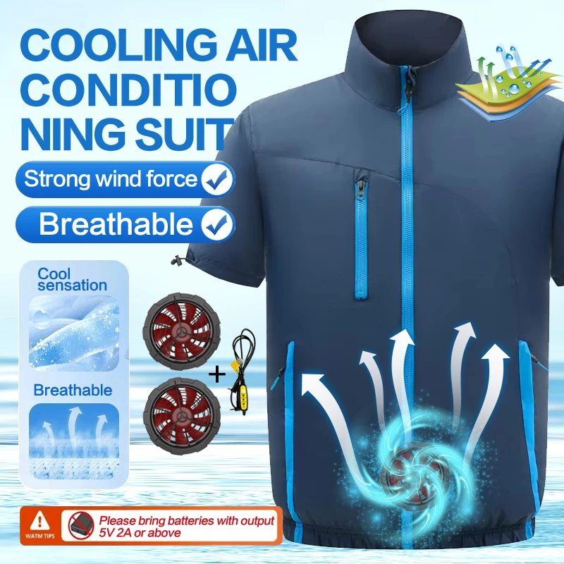 Sommer-Kühlkleidung für Herren mit Ventilator und winddichten Bündchen, geeignet für Arbeiten bei hohen Temperaturen im Freien, atmungsaktiv.