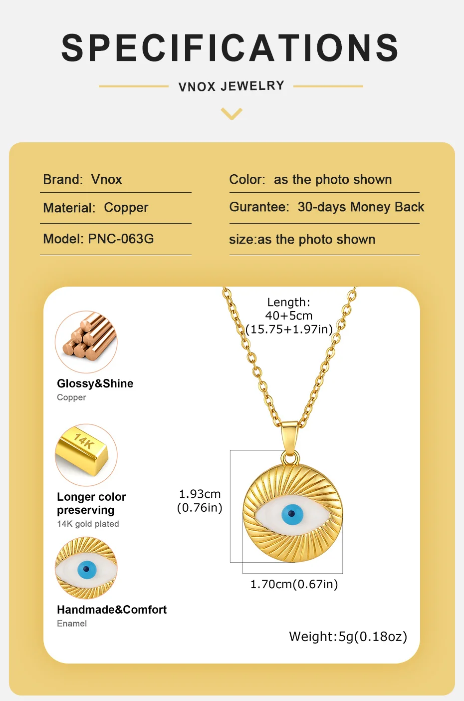 Vnox vergoldete blaue Halskette mit dem Symbol des bösen Auges für Damen, Vintage-Halskette mit rundem Teufelsauge, Schlüsselbein-Kette, Amulett, Schmuck, Geschenk. – Detail 4
