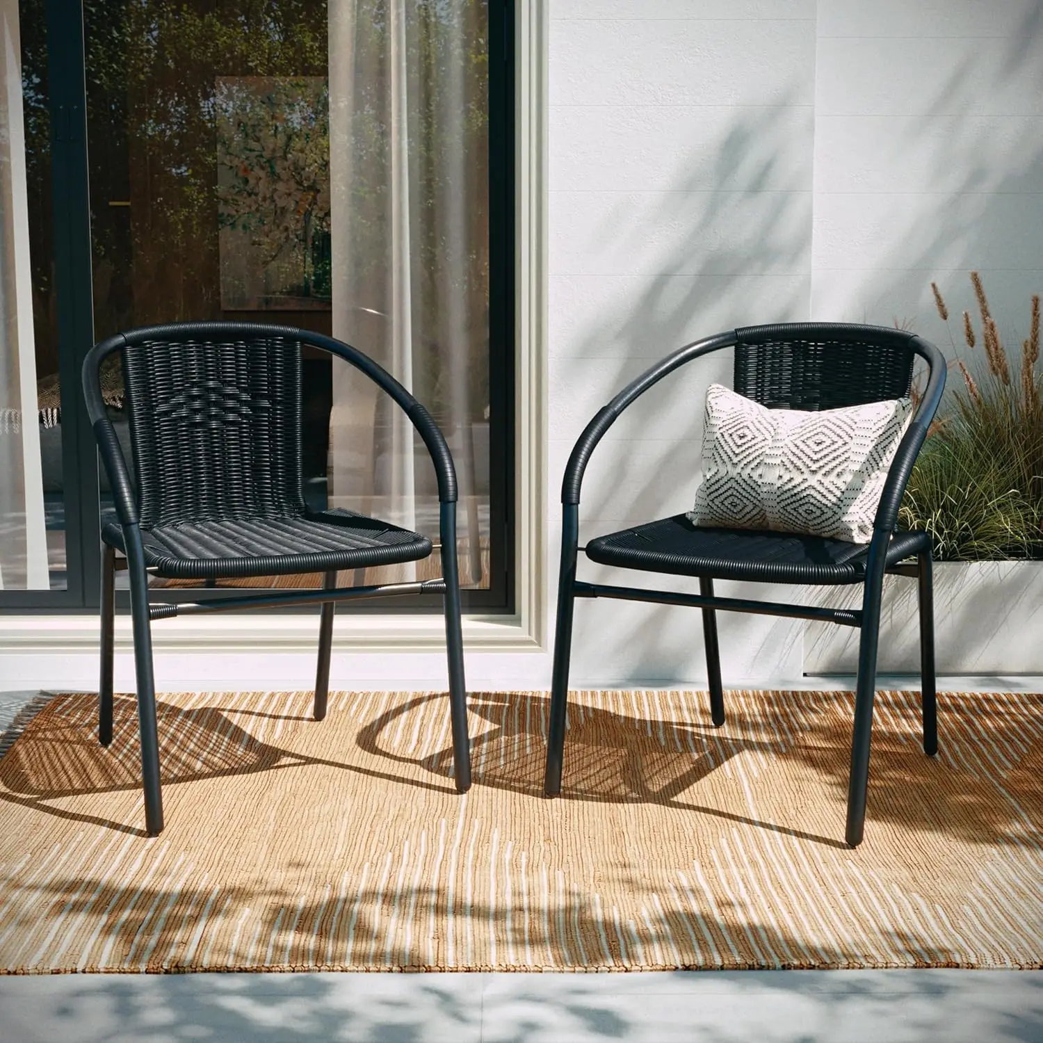 

2 Pack Black Rattan Indoor-Outdoor Restaurant Stack Chair with Curved Back