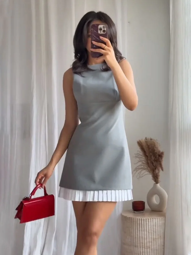 HH Women\'s High Street Sexy Dress Grey O-Neck Sleeveless Patchwork Decorate Zipper Female Summer Fashion Mini Dresses