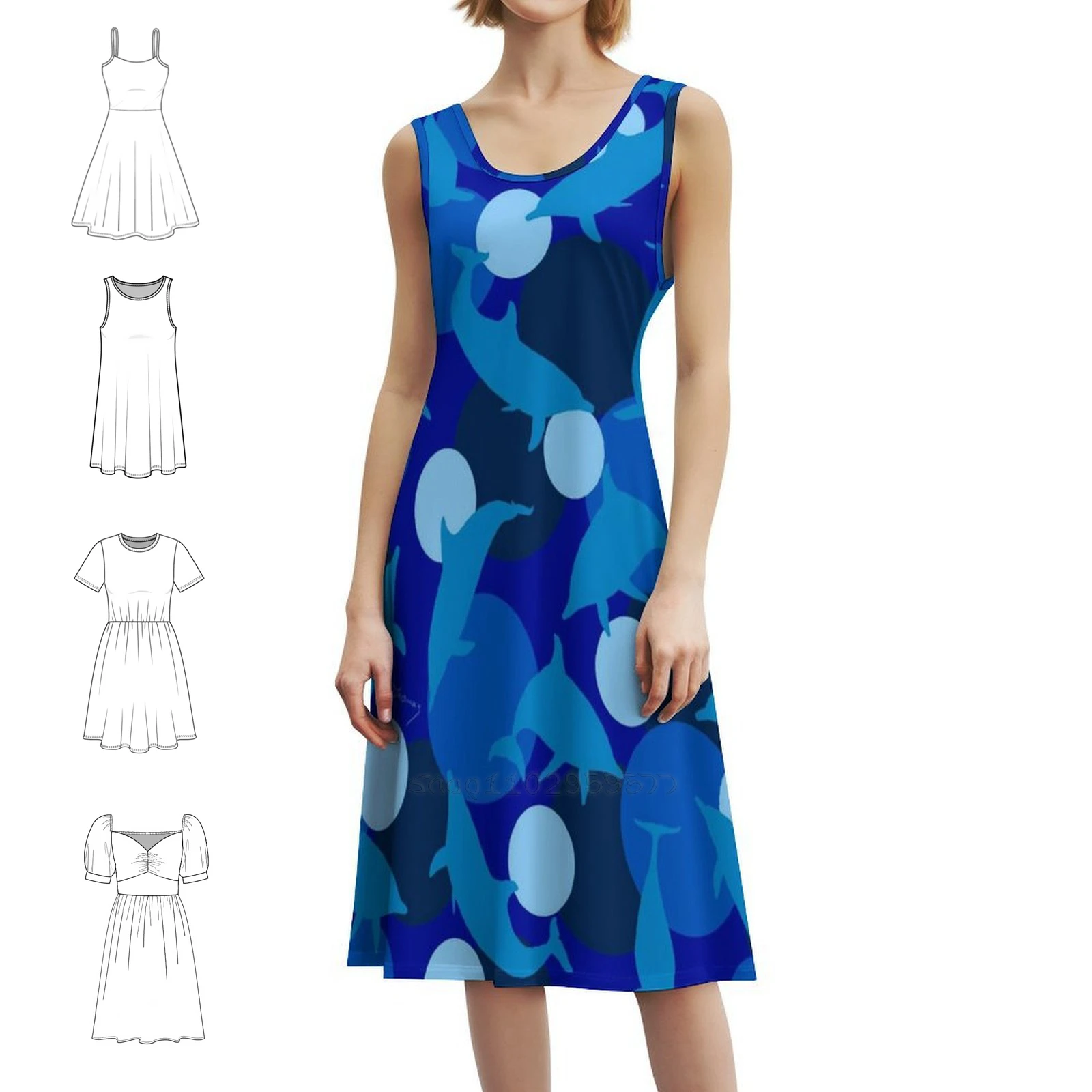 فستان قصير من Delfine / Dolphins Blau / أزرق على طراز Preppy للنساء على شكل حرف a فضفاض مناسب فستان يوم غير رسمي دولفين كوموندولفين المحيط #1