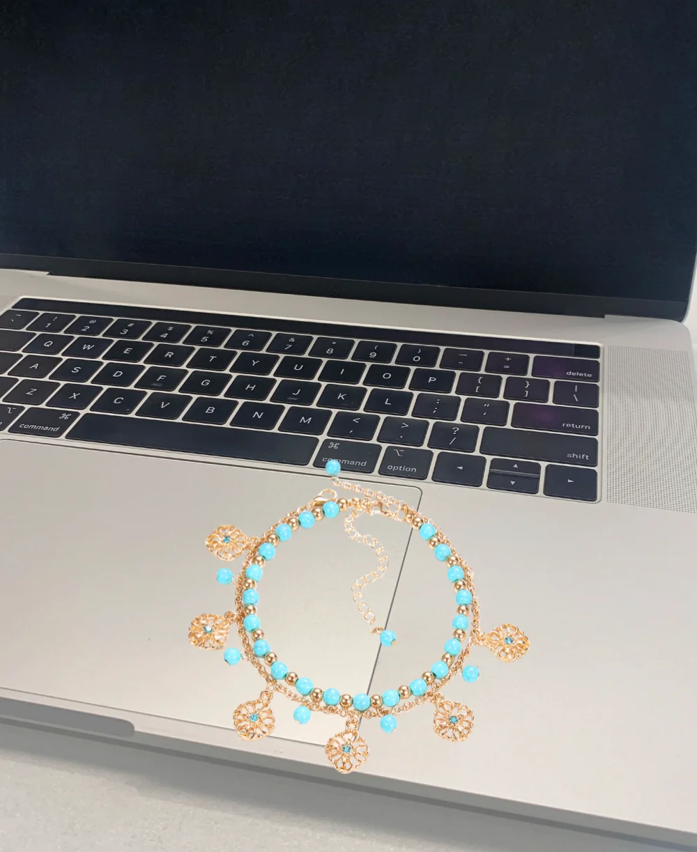 2025 New Women's Turquoise Beaded Gold color Anklet（one piece）  Set Double-Layer Flower Charm Beach Style Anklet Fashion Daily