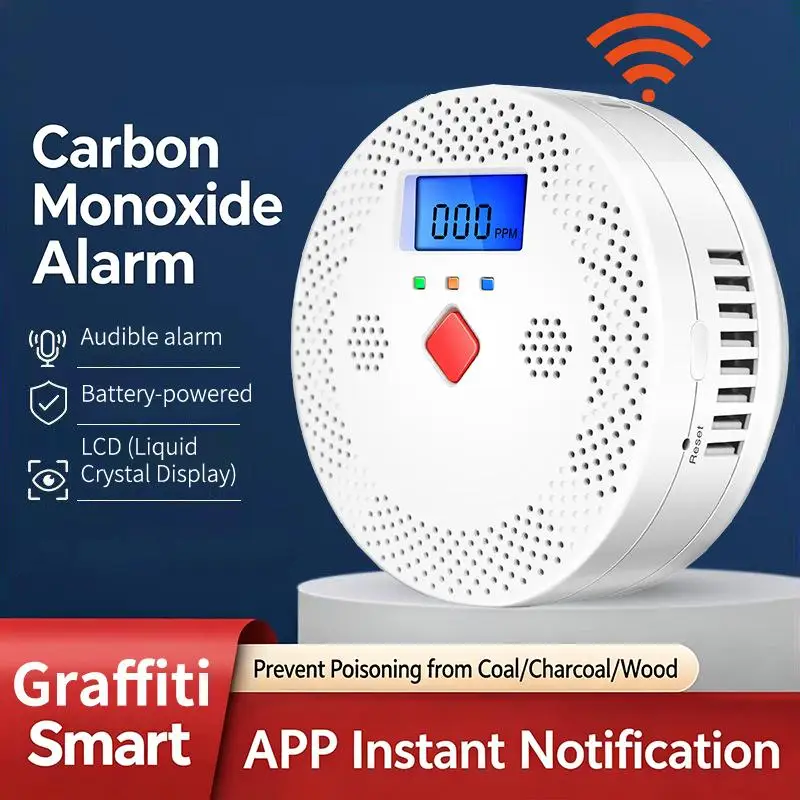 WiFi Smart Carbon Monoxide Detector Alarm 85dB Sound Warning LCD Digital Display Home Indoor Real-Time CO Monitor Poisoning