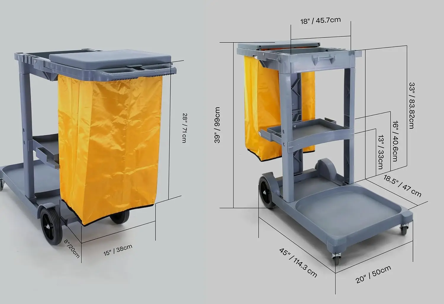 Commercial Janitorial Cart,3 Shelves | 25 Gallon Vinyl Bag | Adjustable Shelf,500 LBS Capacity, Customized