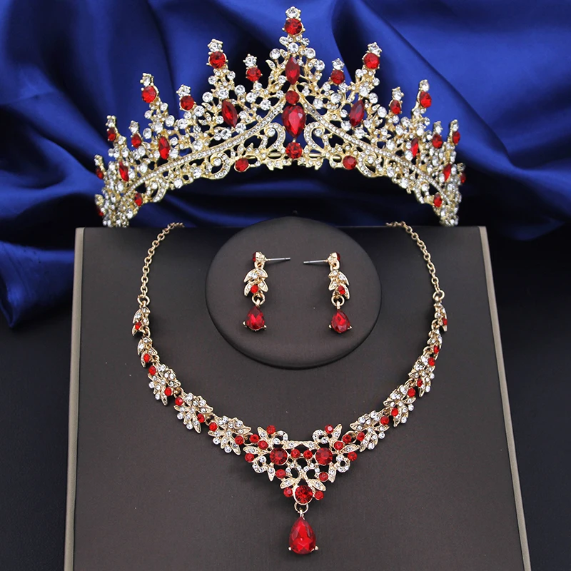 Elegant Red Bridal Crown Jewelry Sets Birthday Tiaras Choker Necklace Earrings Wedding Jewellry Set for Brides Prom Accessories