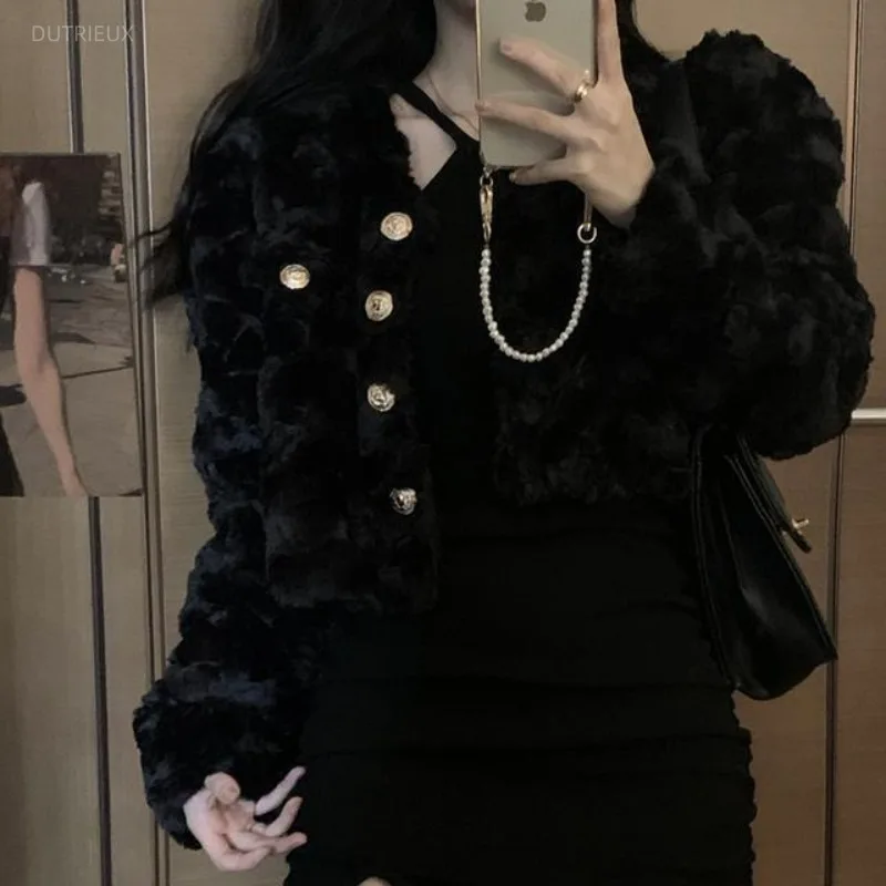 French Vintage Small Frangrance Qutumn Winter Two Piece Sets Y2k Warm Faux Fur Single Breasted Coats Sexy Thin Short Sling Dress