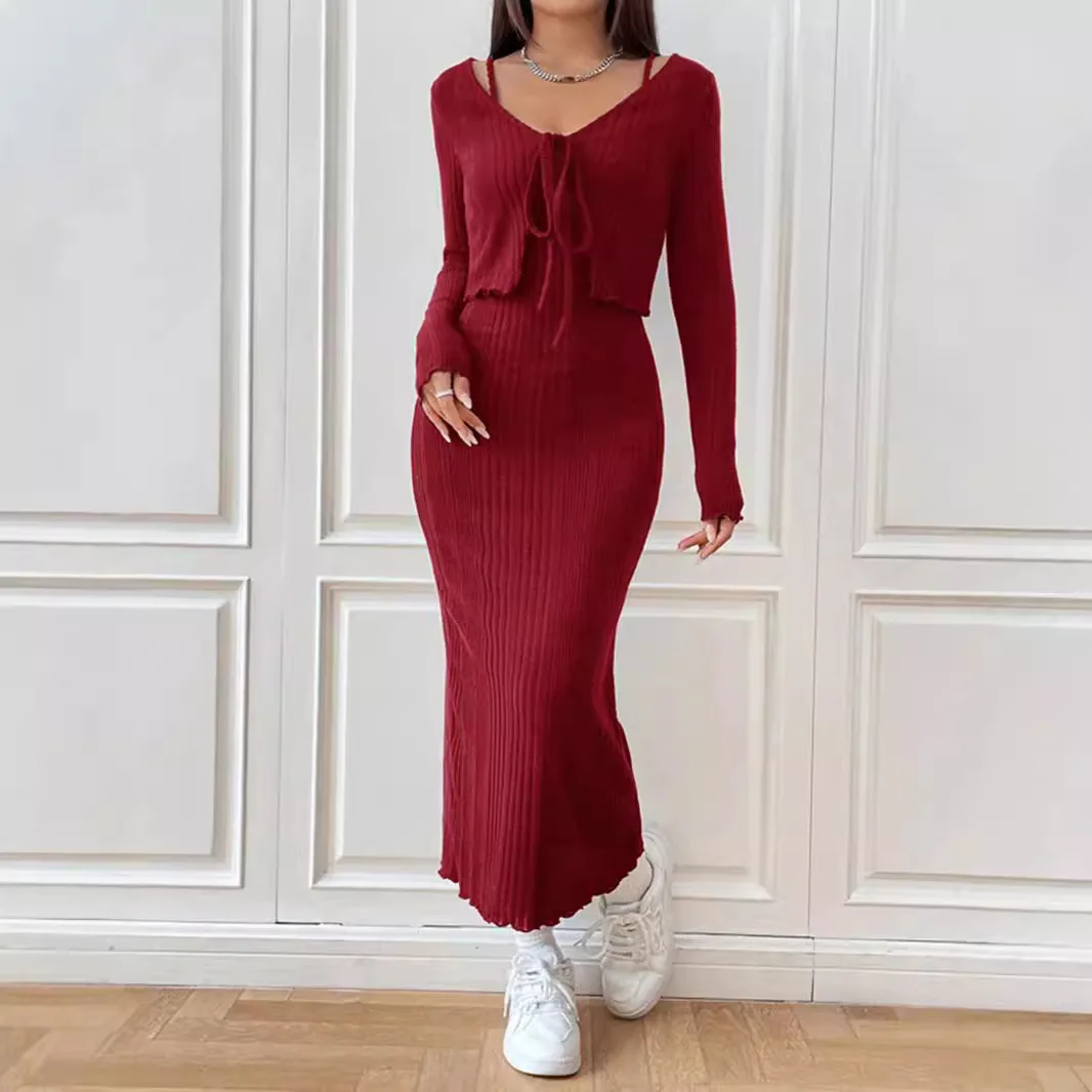 

Autumn And Winter Women's Solid Color Dress + Lace-up Jacket Long Skirt Suit For Women's Formal Evening Party Fashion Long Skirt