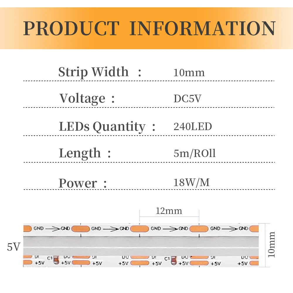 Imagem -02 - Tira de Luz Led Cob Ws2812 240leds m Rgb Ws2812 Alta Densidade Endereçável Individualmente Rgb Cor do Sonho Dc5v Ws2812b