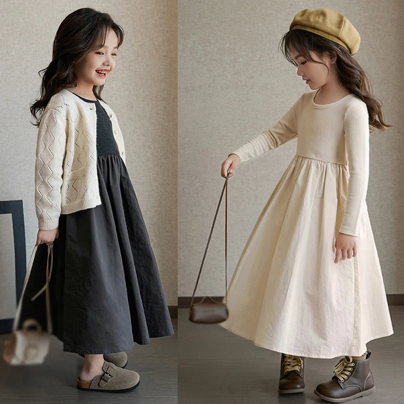 Girl's Fashion Knitted Dress Spring Children's Fashionable Splicing Design Literary and Lazy Style For 3-9Y