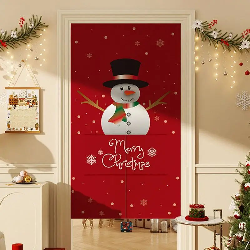 VIKAMA Christmas Door Curtain Red Snowman Top Hat Scarf Pine Tree Print Noren Tapestry For Entryway Kitchen Bedroom Living Room