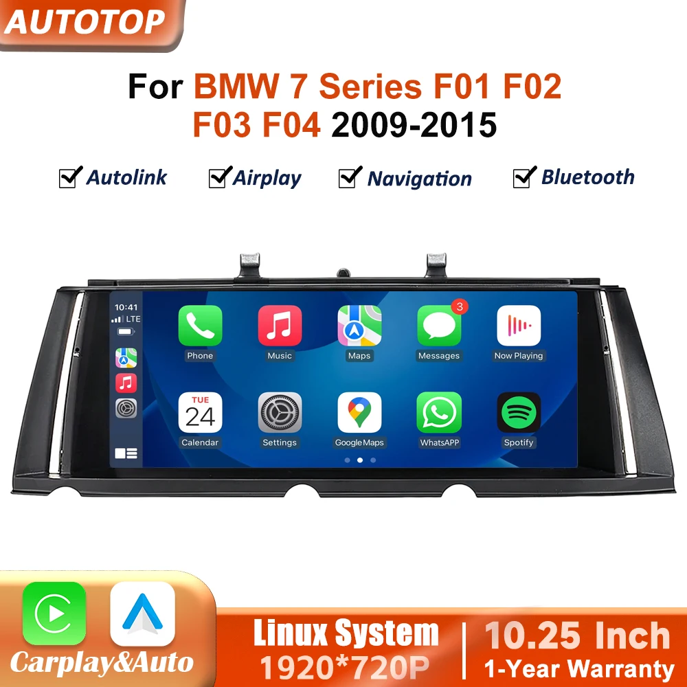 Autoradio intelligent AUTOTOP sans fil Carplay Android Auto 10,25 pouces Linux pour BMW Série 7 F01 F02 F03 F04 CIC NBT, écran tactile multimédia avec YouTube en ligne, Airplay, WiFi, Bluetooth, navigation GPS, Autolink, Mirror Link