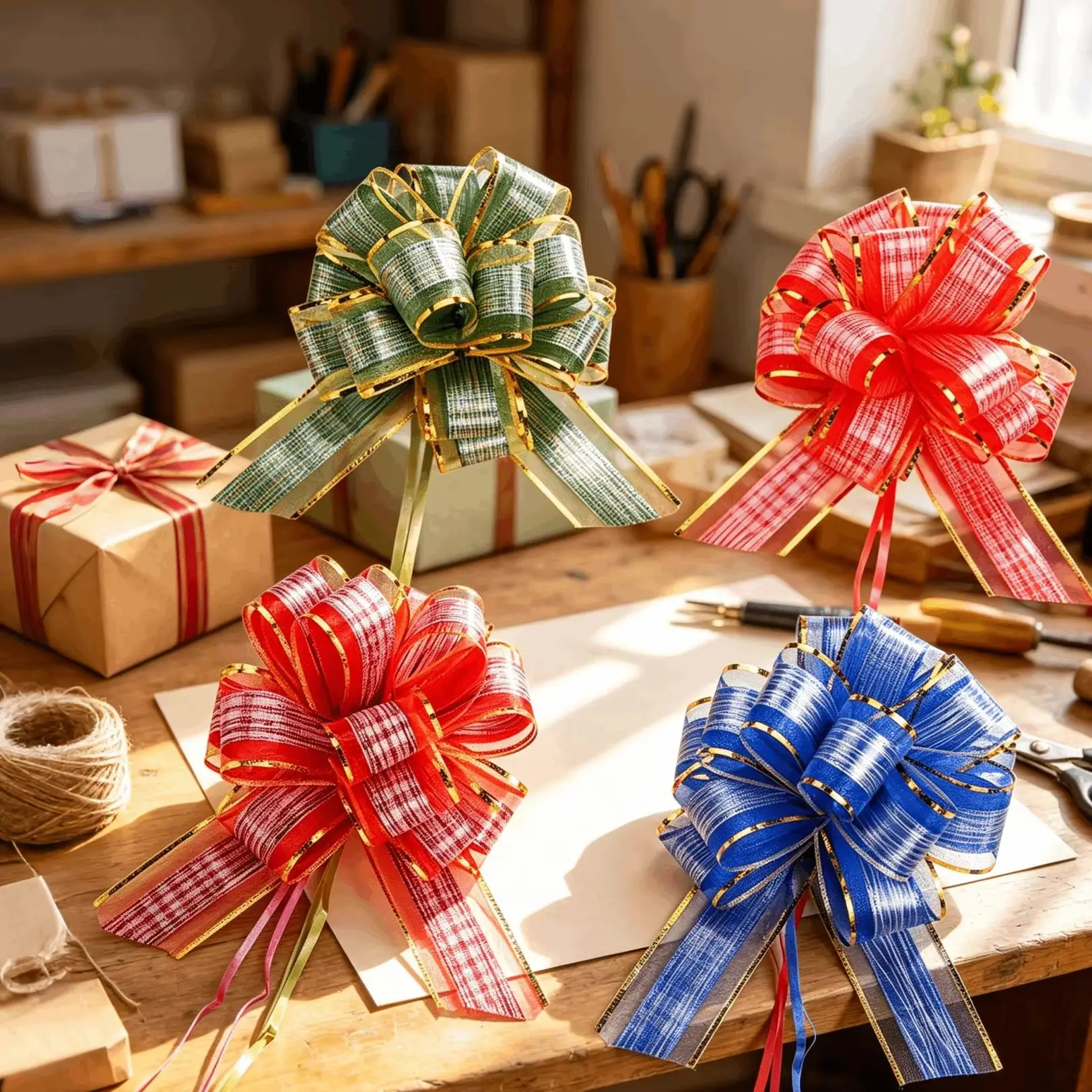 iYOE 4pcs 175*48mm Large Plastic Pull Bow Ribbon Reusable Decorative Flower Bow for Birthday Party Gift Wrapping Festive Crafts
