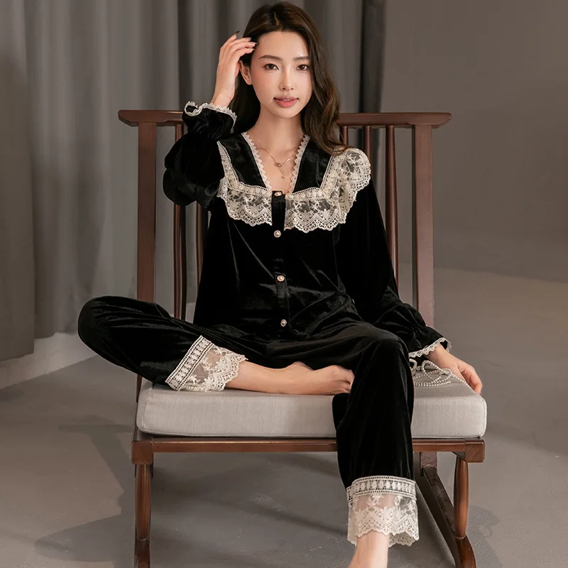 파자마 세트 골드 벨벳 레이스 레이스 수트 라이트 럭셔리 여성용 봄 가을 겨울 블랙 코트 스타일 홈웨어