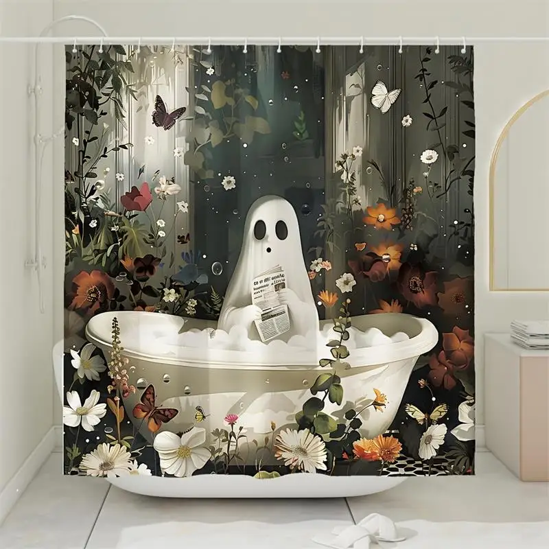 Funny Halloween Shower Curtains Cartoon Bathing Ghost Butterfly Flower Plant Fabric Home Bathroom Curtain Decoration With Hooks