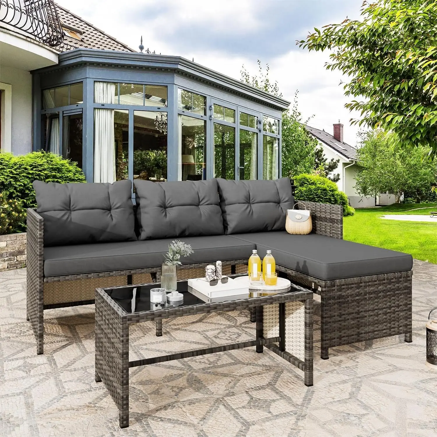 All-Weather Wicker Patio Sofa Sectional Set, Small Outdoor Conversation Furniture W/Cushion & Glass Table, Grey, Customized