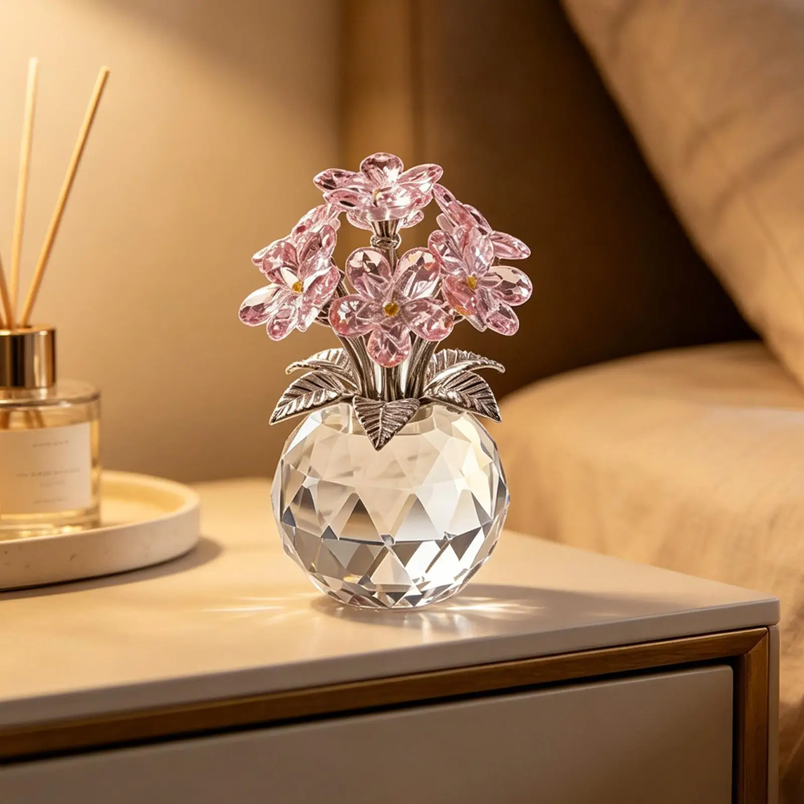Crystal Flower Statue Realistic Eternal Collectible Keepsake Floral Bouquet Sculpture For Desk For Bookshelf Bedside Nightstand